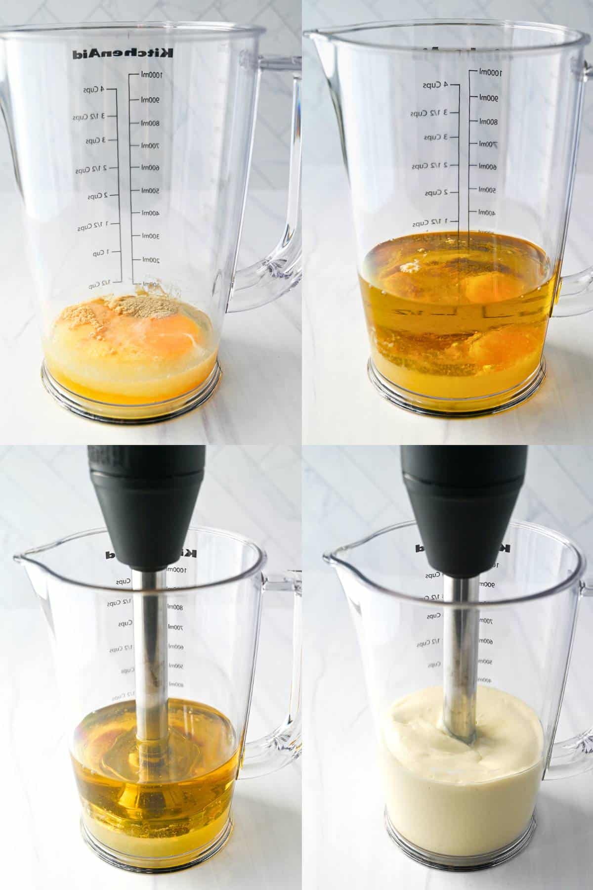 four step photos showing the immersion blender method for making mayonnaise