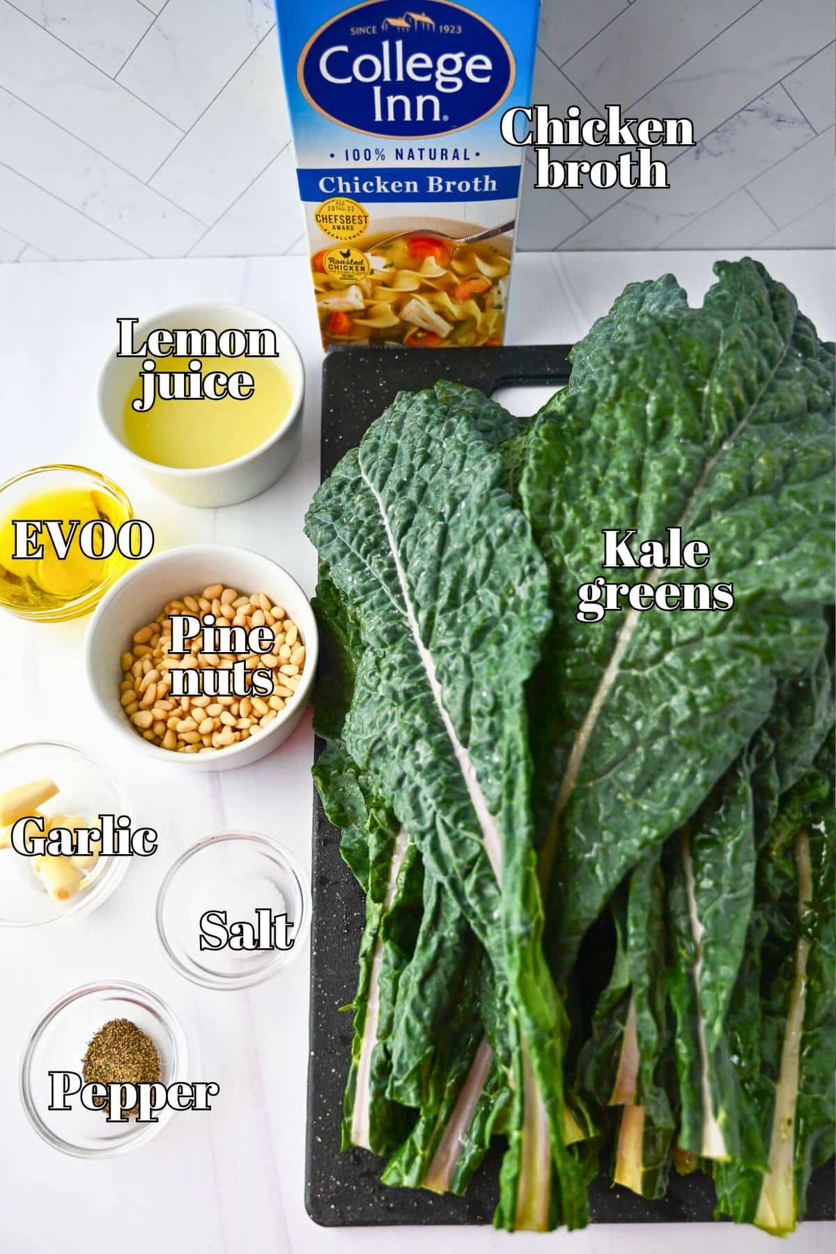 ingredients for braised kale measured out on a counter