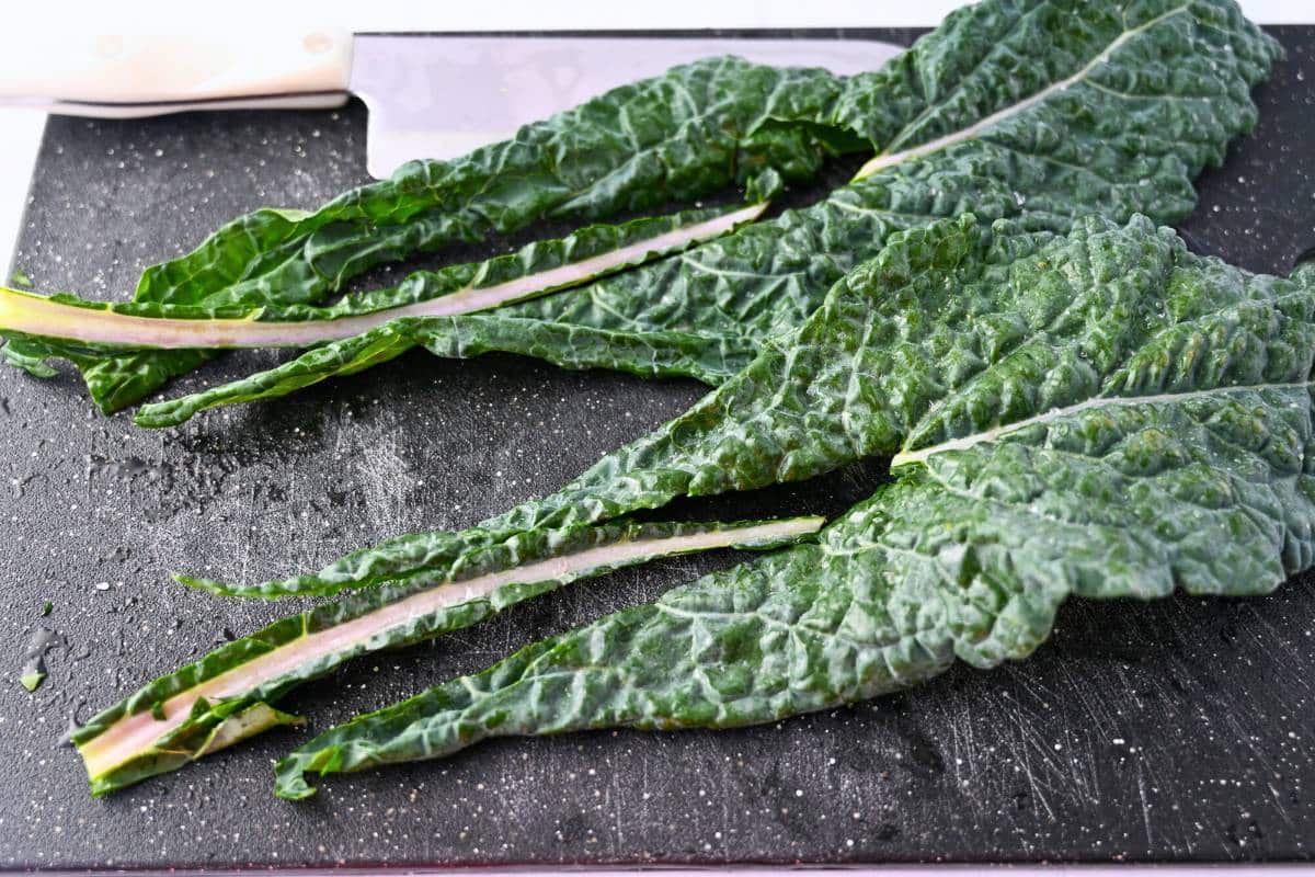 Tuscan kale leaves with the stem cut out of the center