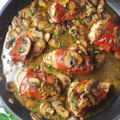 The Best Prosciutto Wrapped Chicken with Mushrooms