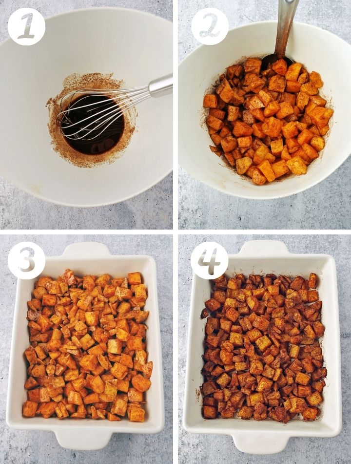 step by step photos to make roasted butternut squash: mixing oil, salt and cinnamon; tossing with squash; poured in a baking dish; finished and baked