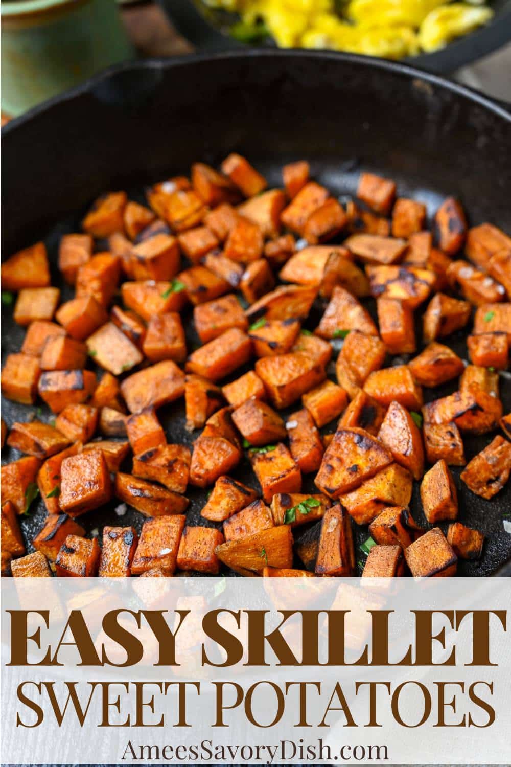 A quick and easy stove-top method for making deliciously crispy skillet sweet potatoes in less than 20 minutes. via @Ameessavorydish