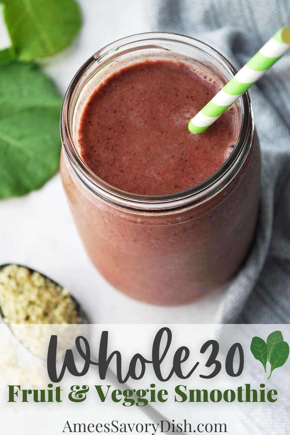This easy fruit and veggie smoothie made with baby kale, a fresh carrot, frozen berries, almond butter, and hemp seeds is a great way to pack nutrition into your morning meal. Vegan and Whole30 approved. via @Ameessavorydish
