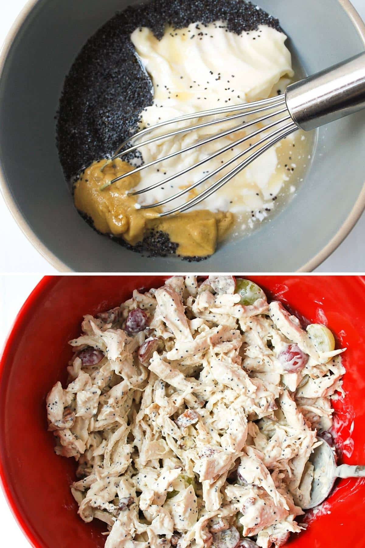 California chicken salad dressing mixed in a bowl with a photo of finished chicken salad below it