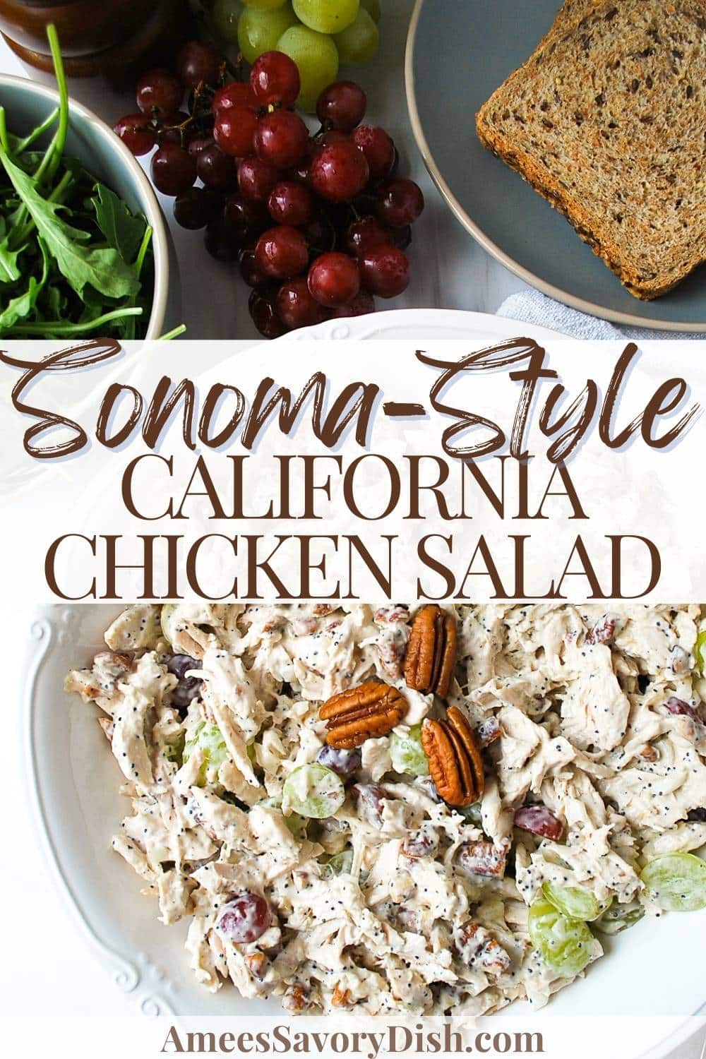 A Sonoma-style cold, creamy chicken salad loaded with succulent grapes, finely diced onion, toasted nuts, and a medley of sweet & savory flavors and seasonings. via @Ameessavorydish