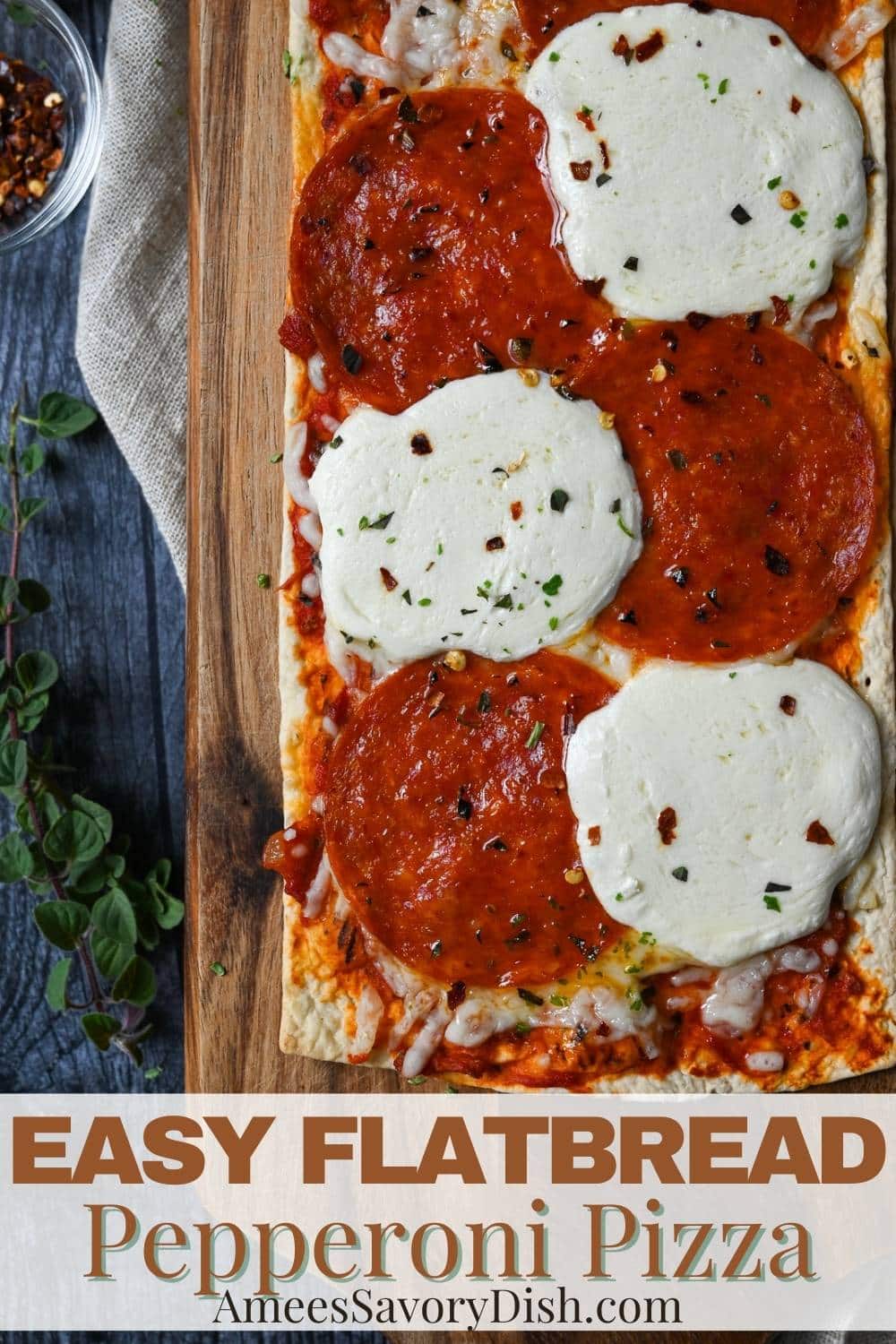 This delicious pepperoni flatbread pizza recipe has less than 450 calories per serving and packs 26 grams of protein!  via @Ameessavorydish