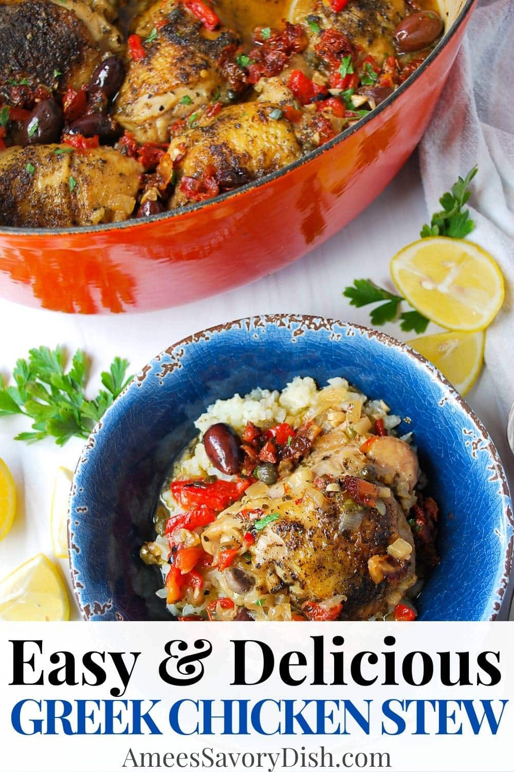A mouthwatering recipe for braised Greek chicken stew made with fresh garlic, olives, tomatoes, roasted peppers, capers, and Mediterranean spices. via @Ameessavorydish