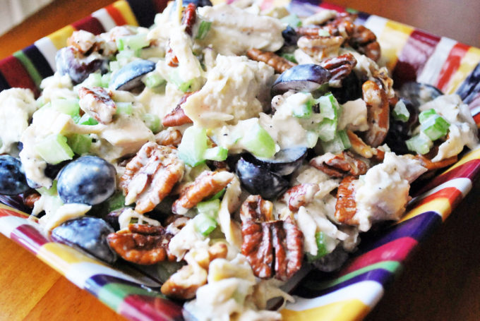 A sweet and savory Paleo chicken salad recipe made with boneless chicken, grapes, celery, toasted pecans, Paleo mayonnaise, and fresh tarragon.