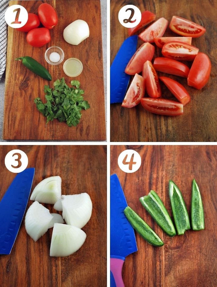 ingredients for easy homemade salsa: tomatoes, jalapenos, onions, cilantro, lime juice, and salt