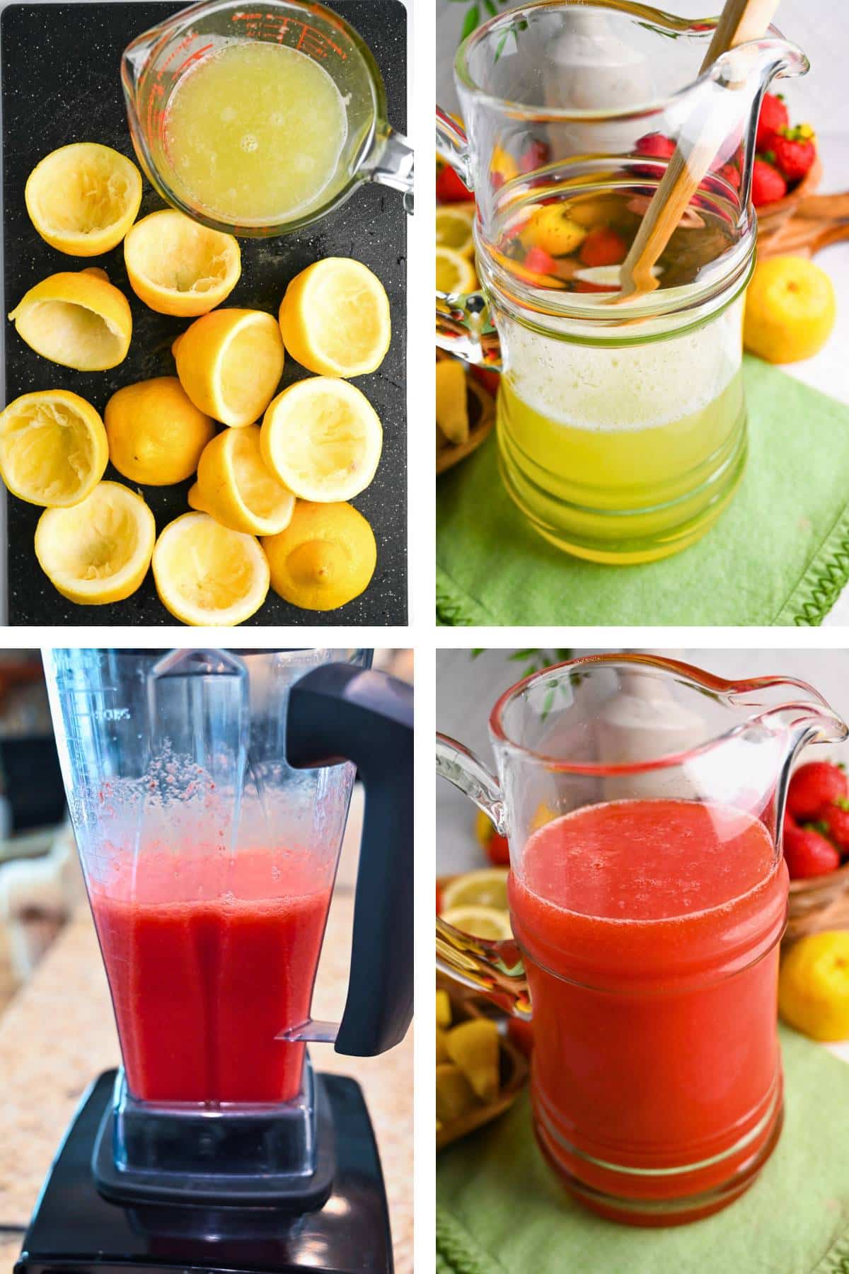 steps to make strawberry lemonade without sugar from scratch: juiced lemons, mixed with water and splenda, blended strawberries and mixed in a glass pitcher