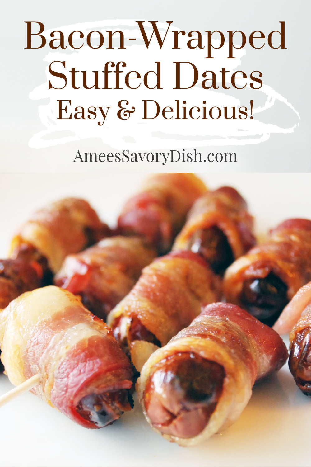 Bacon-wrapped stuffed dates are a quick and easy, gluten-free, dairy-free appetizer stuffed with almonds and baked in the oven to crispy perfection.  This is the perfect sweet and savory appetizer recipe for your next cocktail party! #stuffeddates #appetizerrecipe #baconwrappeddates via @Ameessavorydish