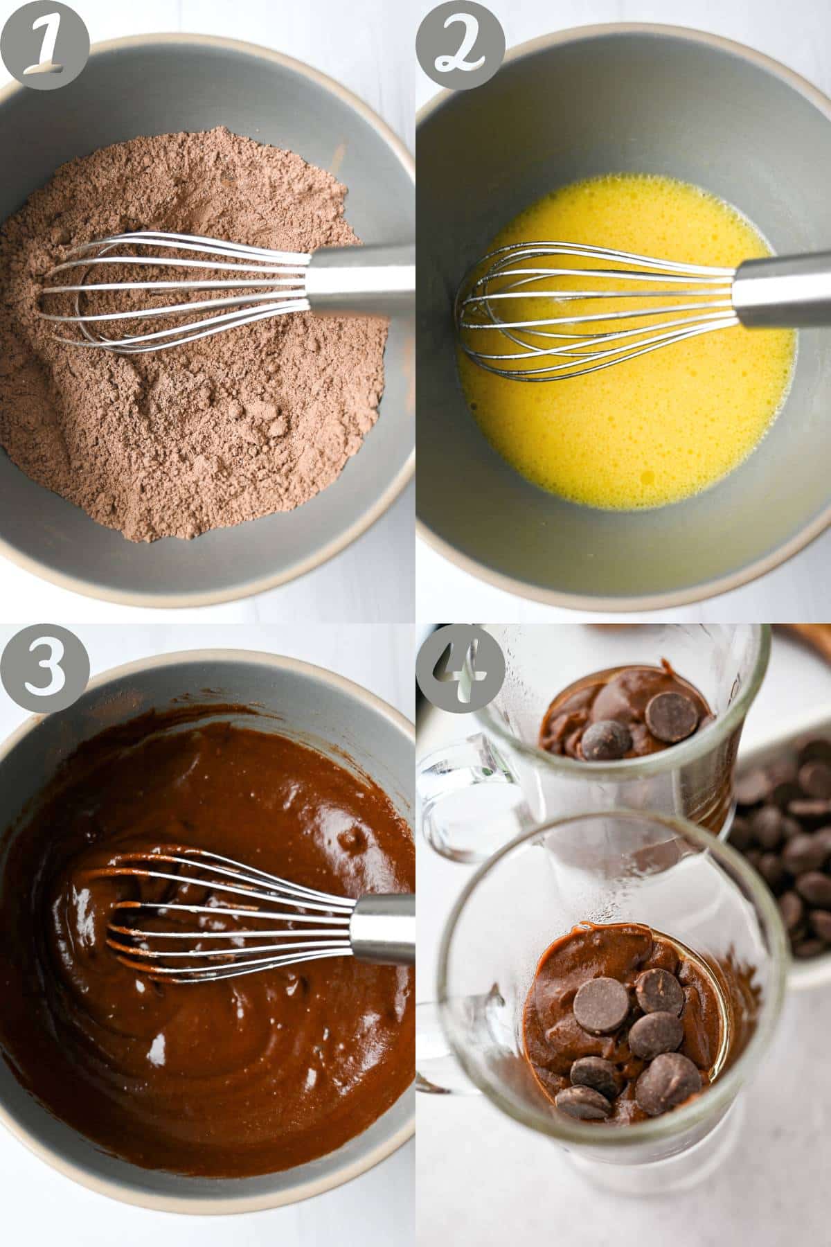 steps of mixing batter and batter in mugs for making hot cocoa mug cake