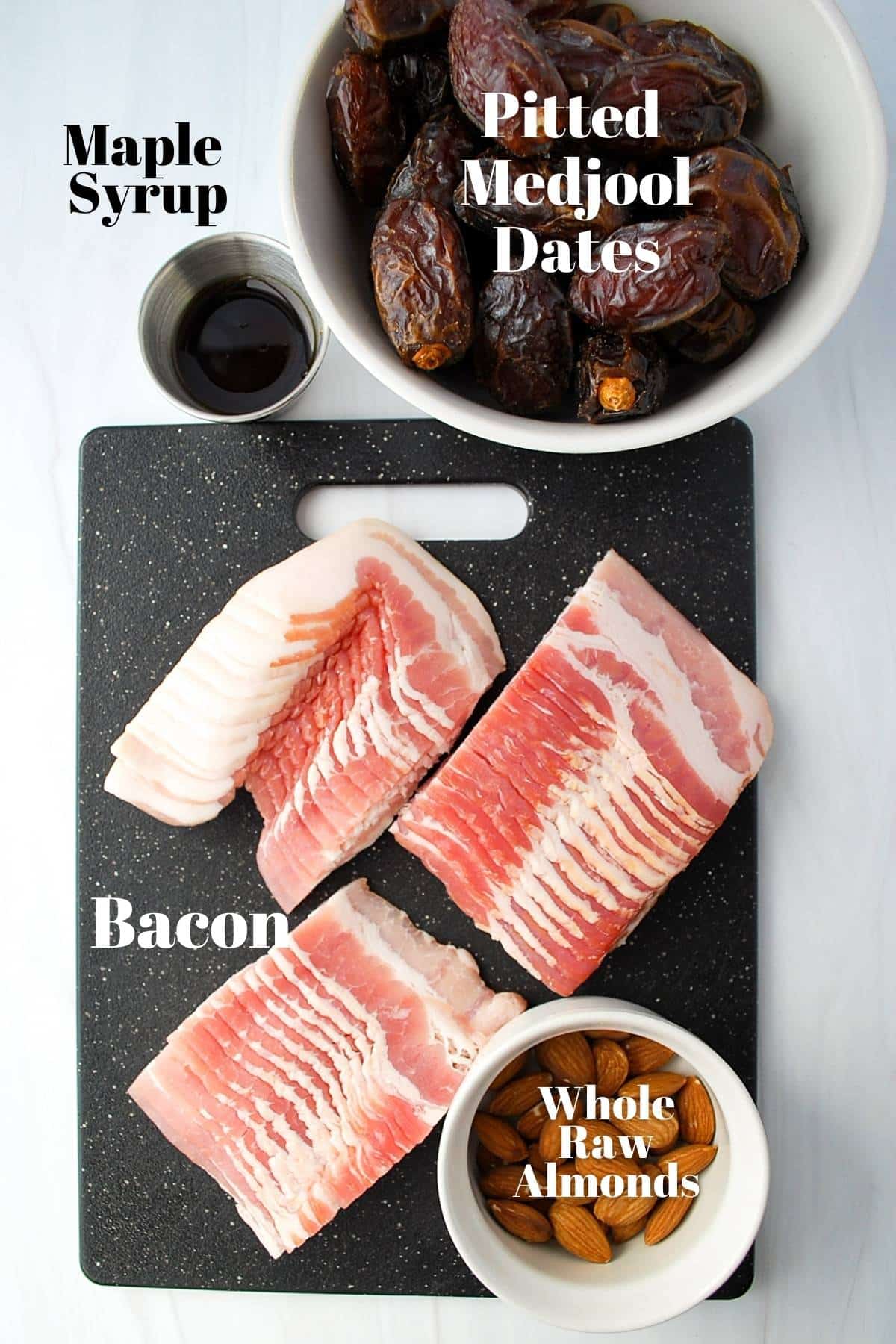 ingredients for bacon wrapped stuffed dates on a counter