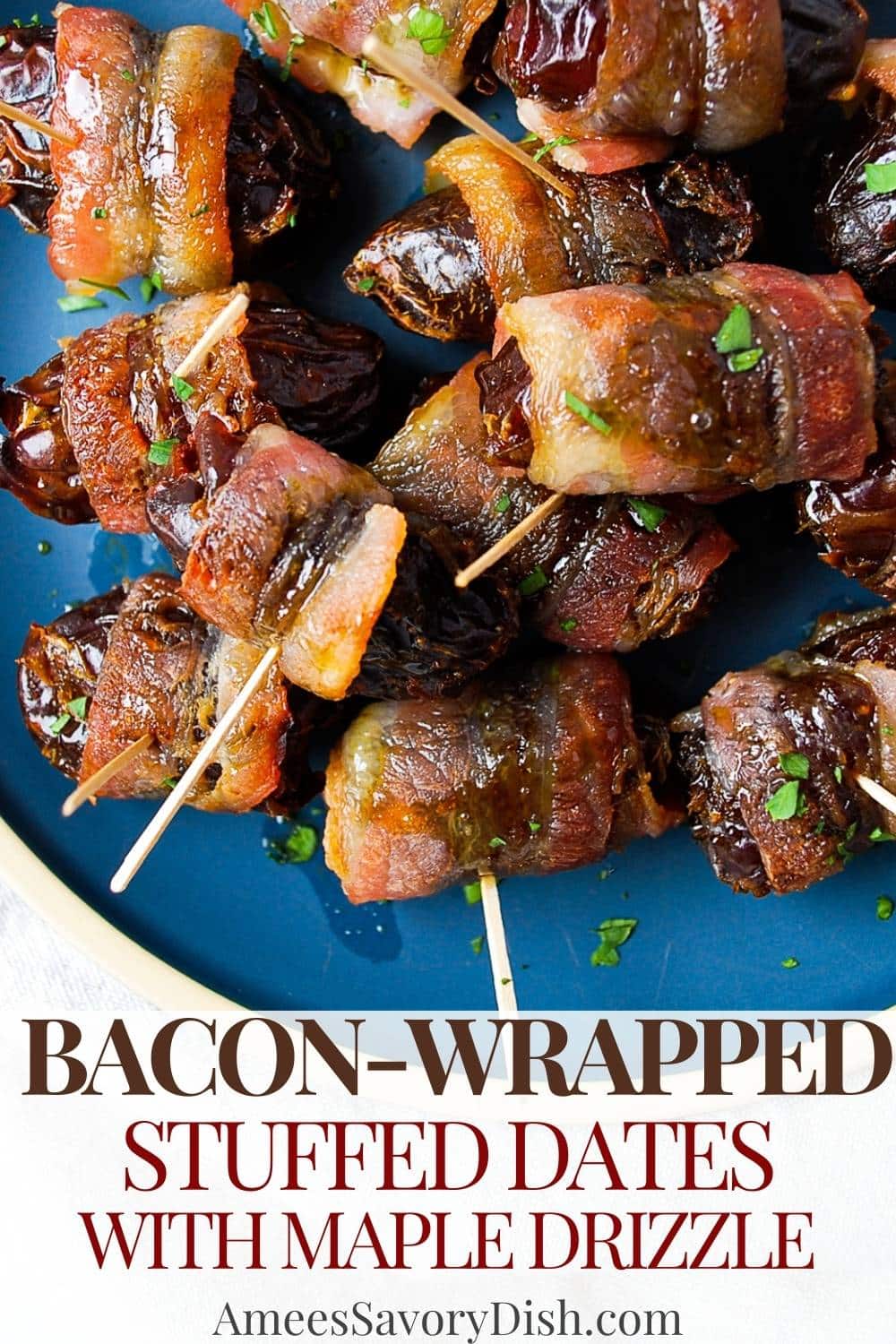 Bacon-wrapped stuffed dates are a quick and easy, gluten-free, dairy-free appetizer stuffed with almonds and baked in the oven to crispy perfection with a drizzle of maple syrup.  This is the perfect sweet and savory appetizer recipe for your next cocktail party!  via @Ameessavorydish