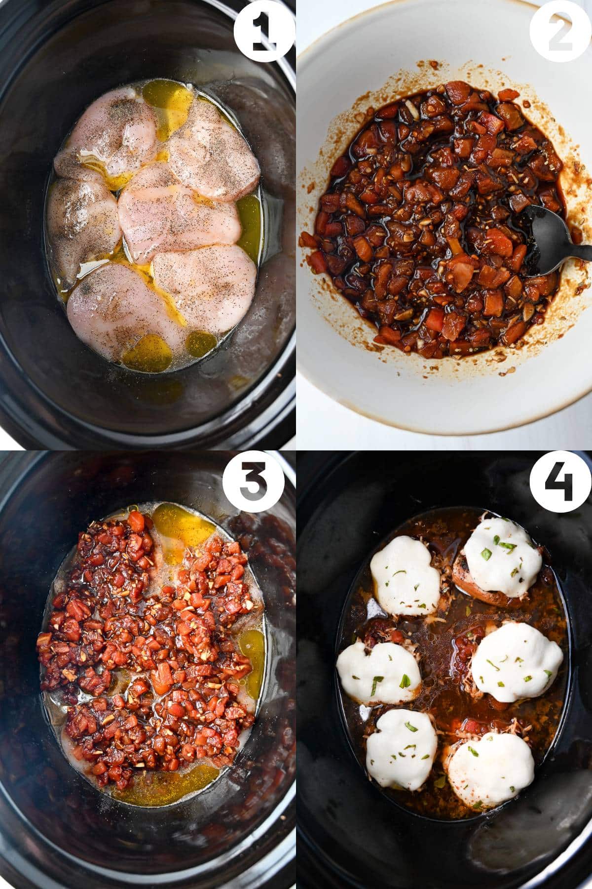 steps to making slow cooker Italian chicken- in crockpot, mixing the tomato topping, and topped with cheese