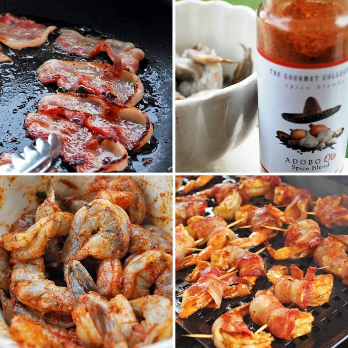 step photos for smoking bacon-wrapped shrimp: cooking bacon, seasoning, tossed in seasoning, and on the smoker