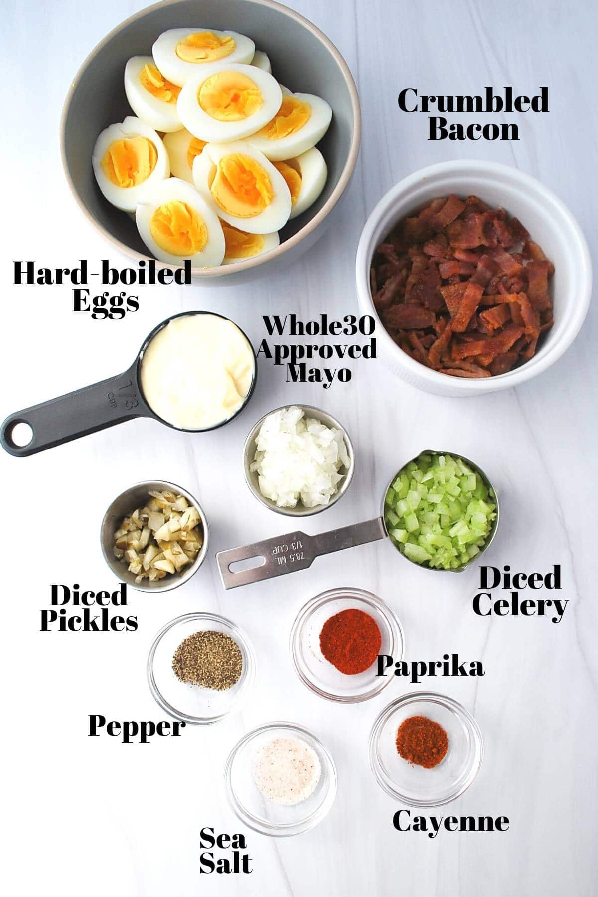 ingredients for whole30 egg salad in measured amounts on a counter