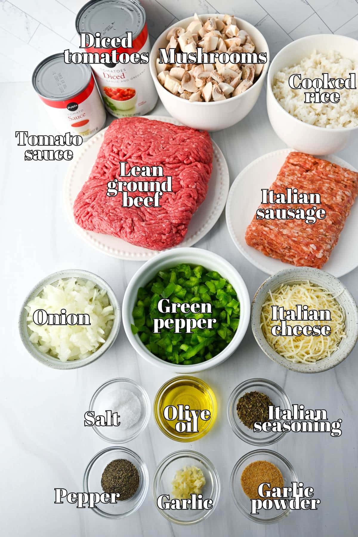 ingredients to make a ground beef skillet measured out on a counter