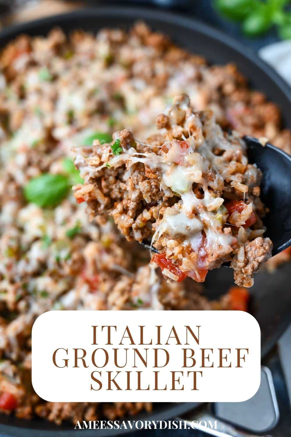 This high-protein Italian Ground Beef Skillet Recipe features lean ground beef, Italian sausage, fresh veggies, and rice, simmered in a flavorful tomato sauce. Ready in 30 minutes! via @Ameessavorydish