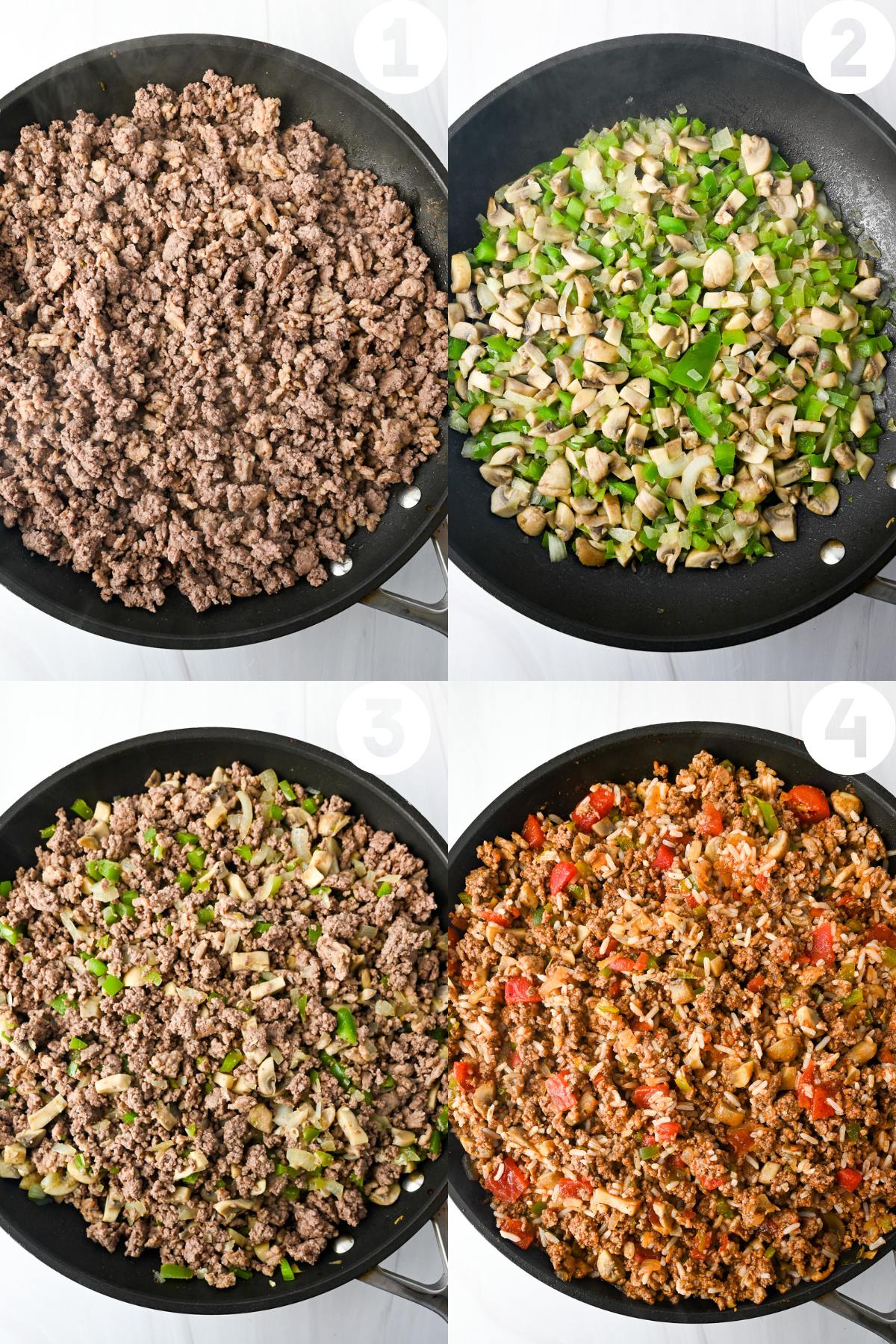 photos of the four steps to making a ground beef one dish meal in a skillet