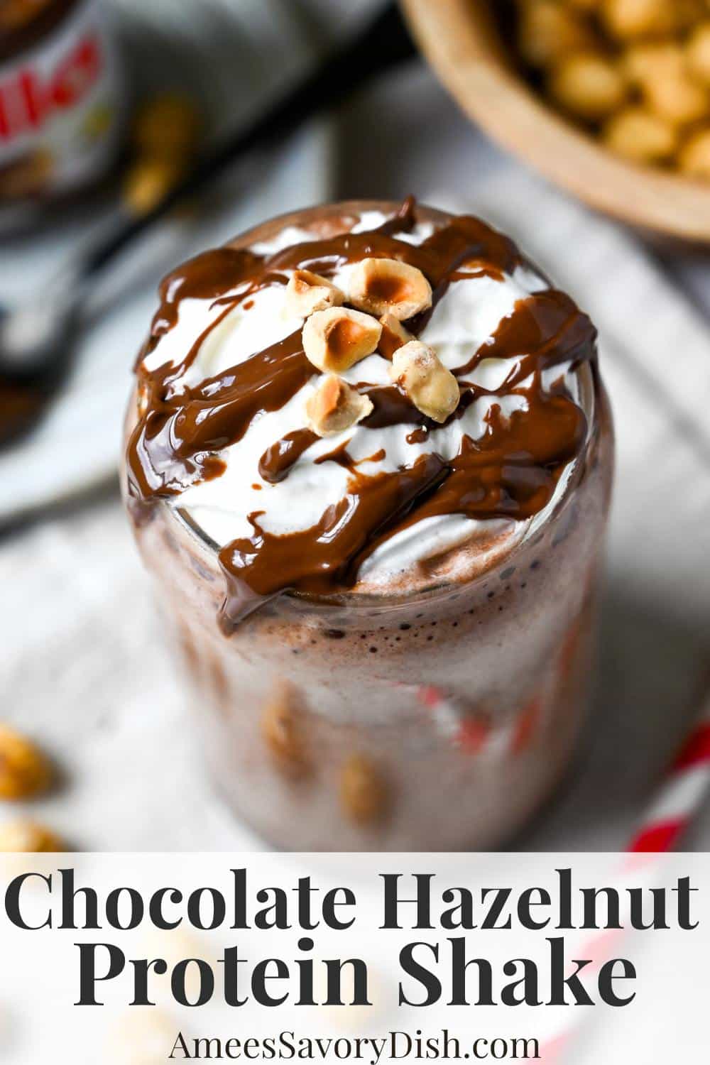 Craving Nutella?! Try this nutrient-dense hazelnut protein shake recipe with whey protein, cocoa, and lightly toasted hazelnuts. via @Ameessavorydish