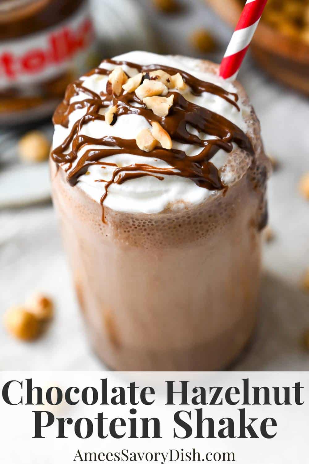 Craving Nutella?! Try this nutrient-dense hazelnut protein shake recipe with whey protein, cocoa, and lightly toasted hazelnuts. via @Ameessavorydish