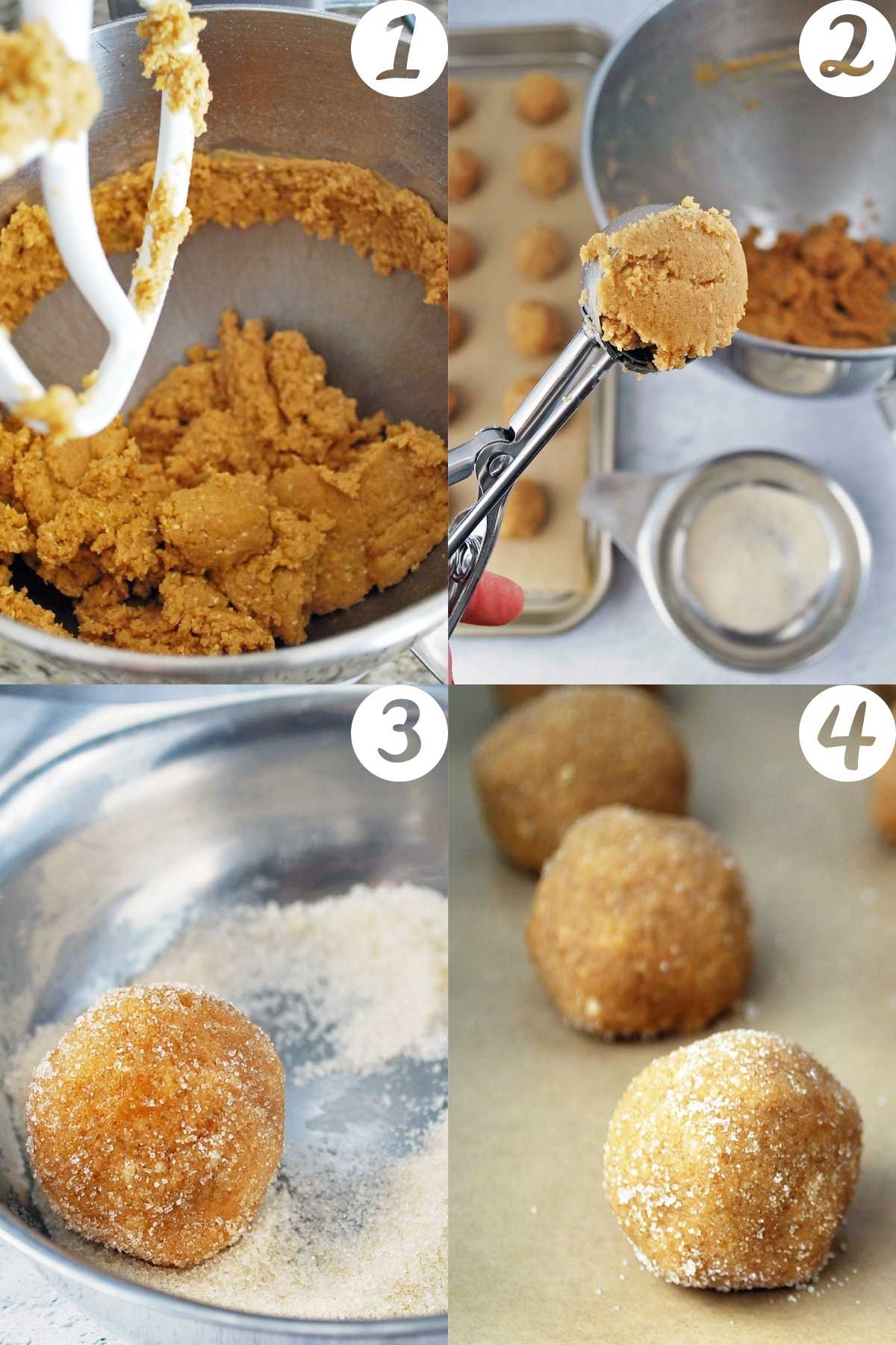 collage photo of the steps for making this recipe: dough in mixer; scooping dough; rolling cookies in sugar; and cookies on a baking sheet 