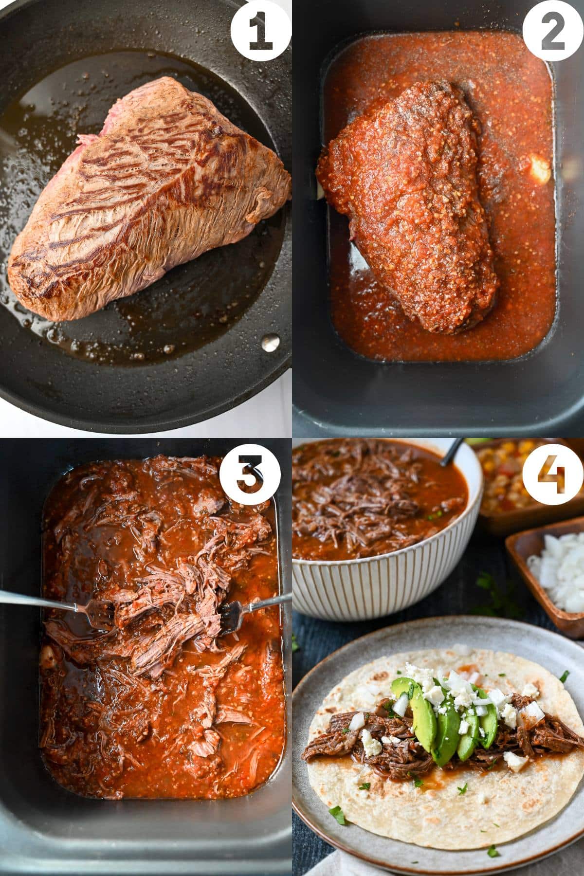 steps to sear, assemble, cook, shred and serve southwest beef roast