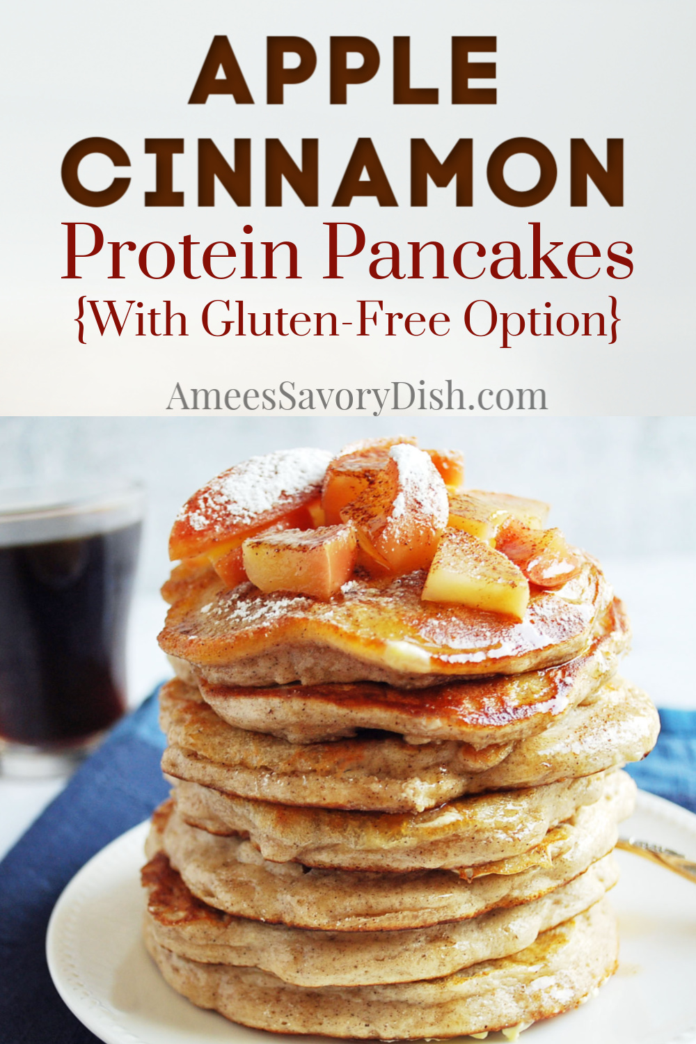 A flavorful protein pancake recipe made with pancake mix, protein powder, chopped apples, cinnamon, and buttermilk.  These protein-packed pancakes are perfect for meal prep with 31 grams of protein per serving! #proteinpancakes #pancakes #applepancakes #pancakerecipe #proteinrecipes via @Ameessavorydish