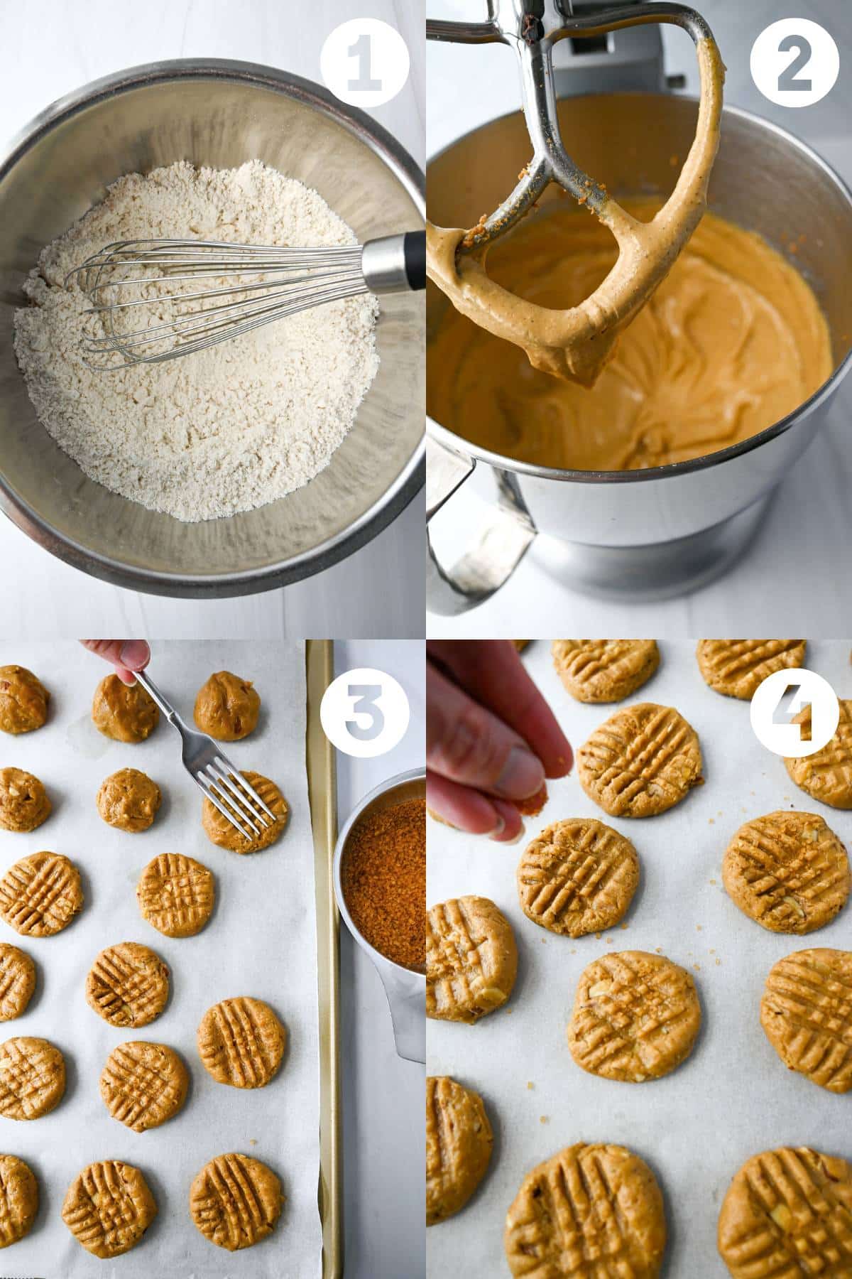 step by step photo collage for making cashew butter cookies: mixing flours, mixing wet ingredients, pressing cookies with fork and sprinkling with sugar