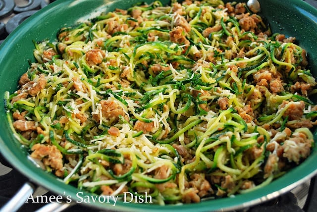 Zucchini pasta with sausage and Parmesan is a quick and delicious skillet meal where the zucchini replaces pasta!