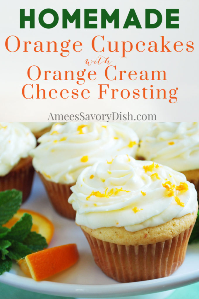Pinterest image for orange cupcakes with a close up of a cupcake with fresh orange zest and text description