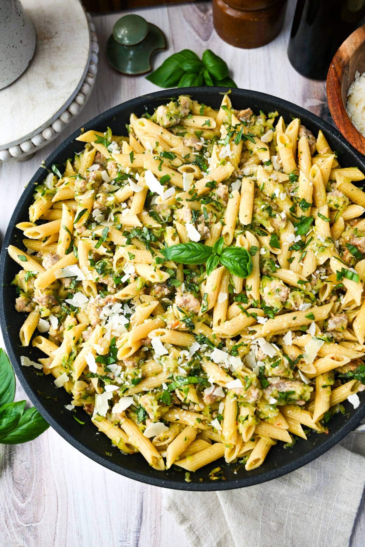 This easy 30-minute Zucchini Sausage Pasta recipe is a protein and fiber-packed meal the whole family will love! via @Ameessavorydish