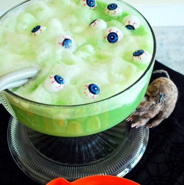 punch bowl of witches brew with plastic eyeballs
