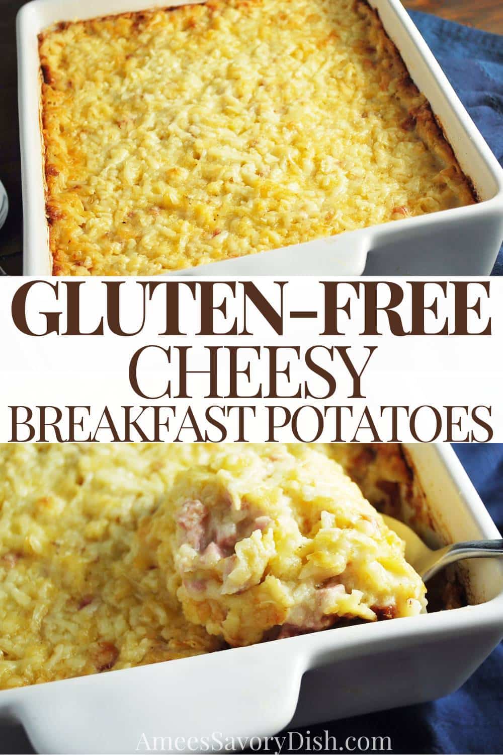 A delicious and easy recipe for cheesy breakfast potatoes made with refrigerated hashbrowns, diced ham, and freshly shredded cheese. via @Ameessavorydish