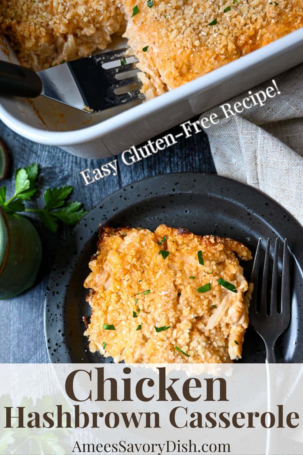 This delicious, protein-packed, chicken hashbrown casserole recipe is quick and easy to make and loaded with flavor! A family favorite! via @Ameessavorydish