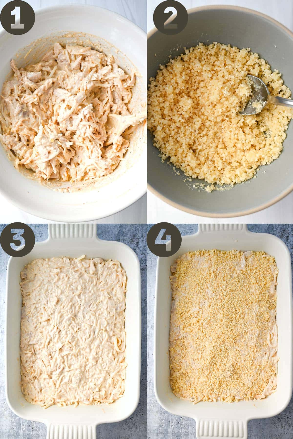 step photos for making hashbrown casserole with chicken- mixed in a bowl and spread in a baking dish