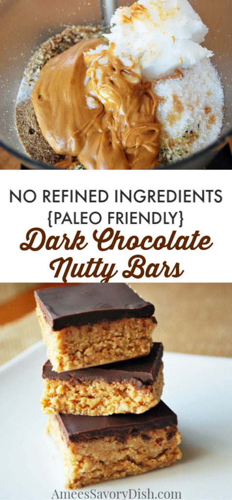 Stack of nutty bars on a plate with another picture of bar mixture in a food processor
