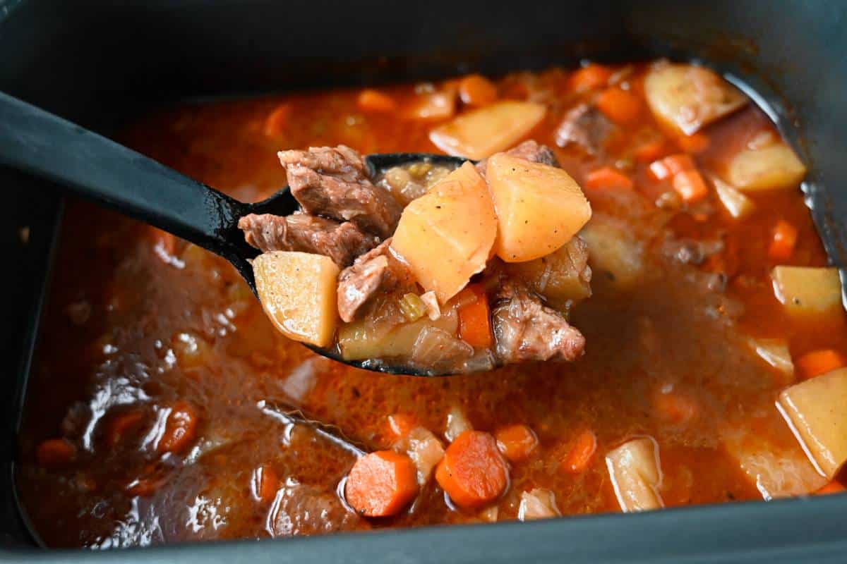 a spoonful of slow cooked beef stew ready to serve