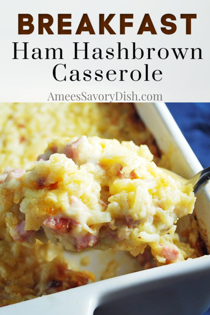 Spoonful of ham hashbrown casserole in a pan 