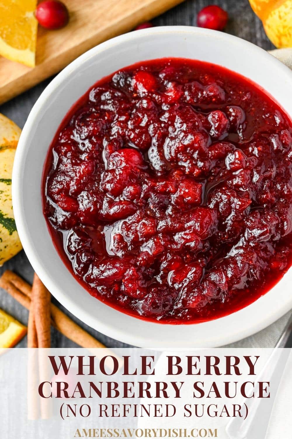 This homemade cranberry sauce is delicious and easy to prepare, made with fresh-squeezed orange juice, zest, coconut sugar, and fresh whole cranberries. No refined sugar! via @Ameessavorydish