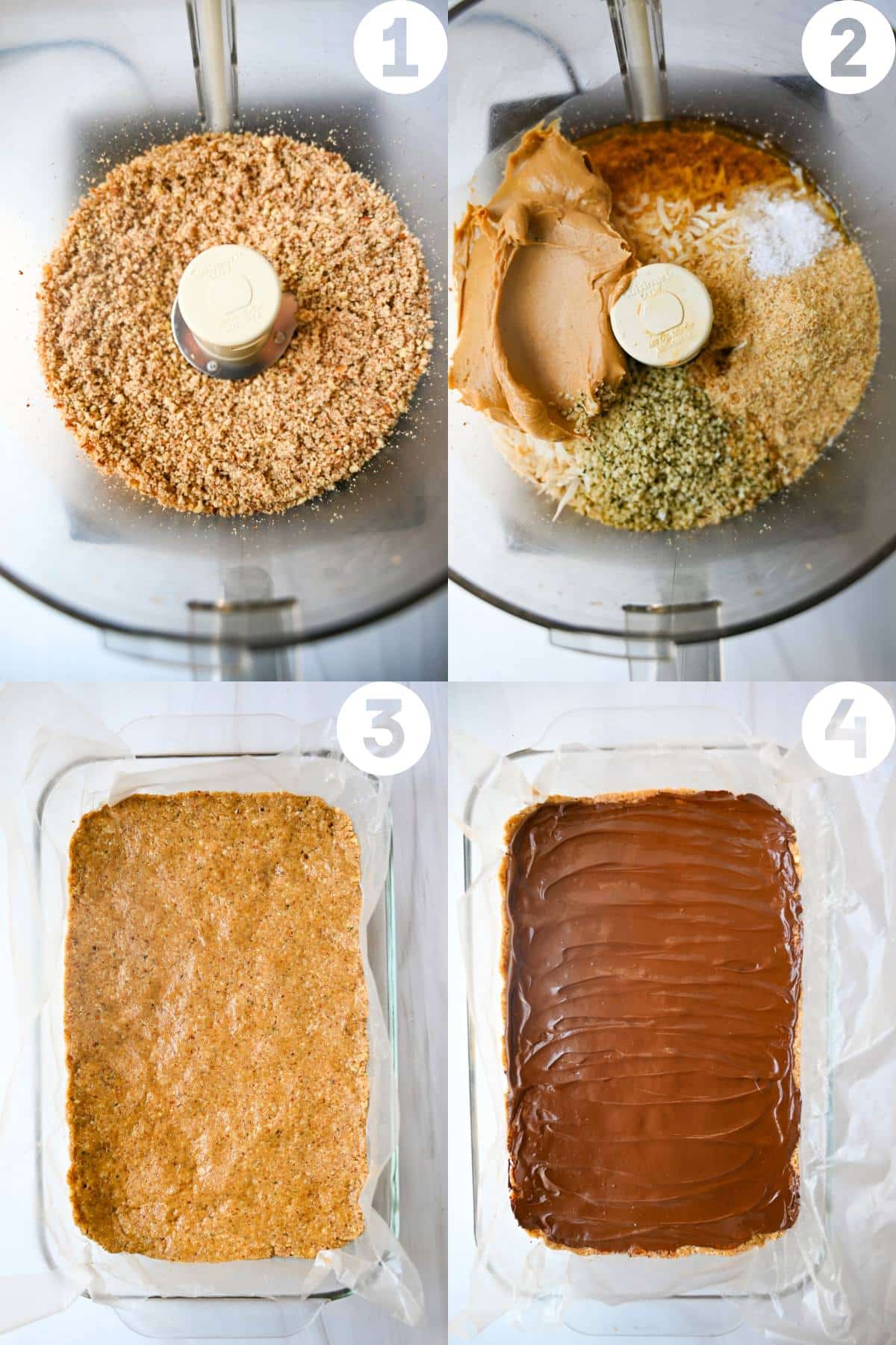 steps for making nutty bars in a food processor and pressed into a baking dish then covered with chocolate