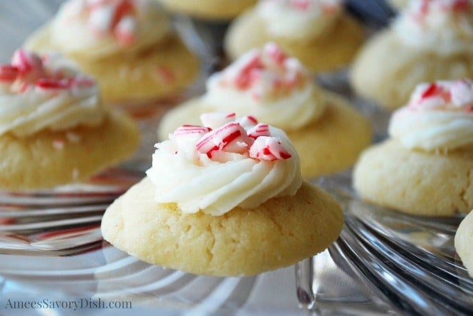 Candy Cane Thumbprint cookies on a plate 