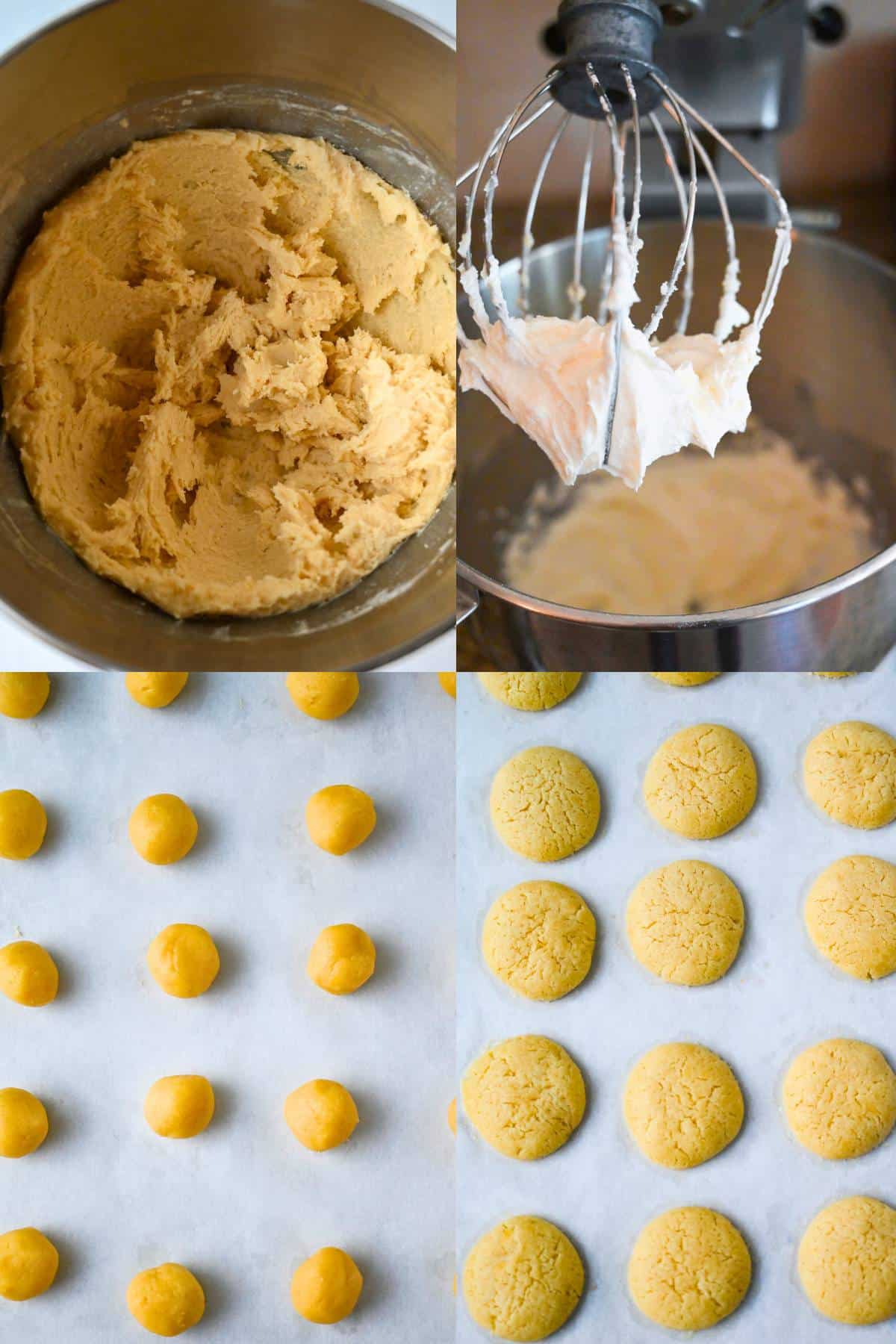 step photo of making cookie dough, frosting, rolling into balls and baked