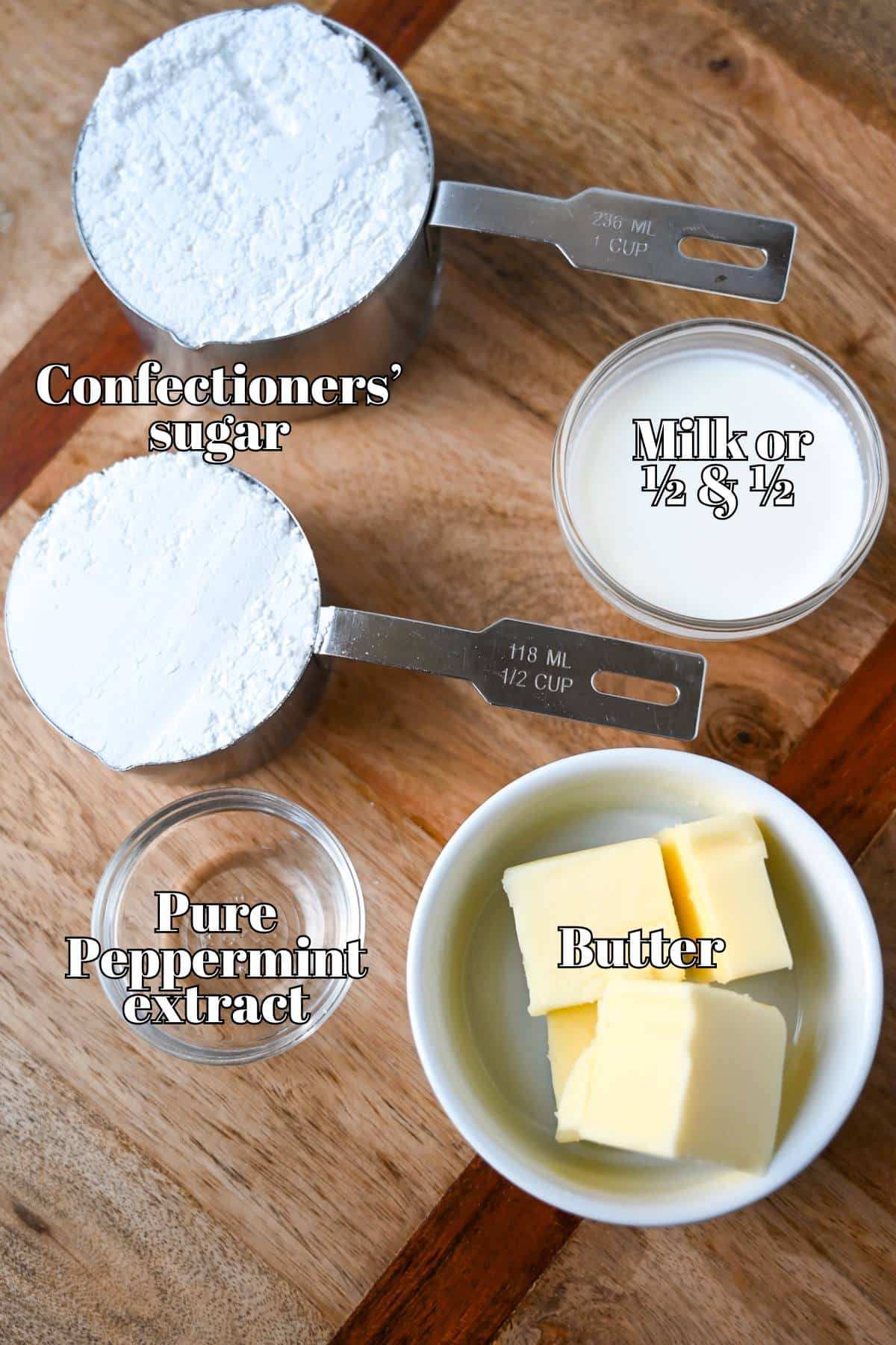 ingredients for peppermint buttercream measured out 