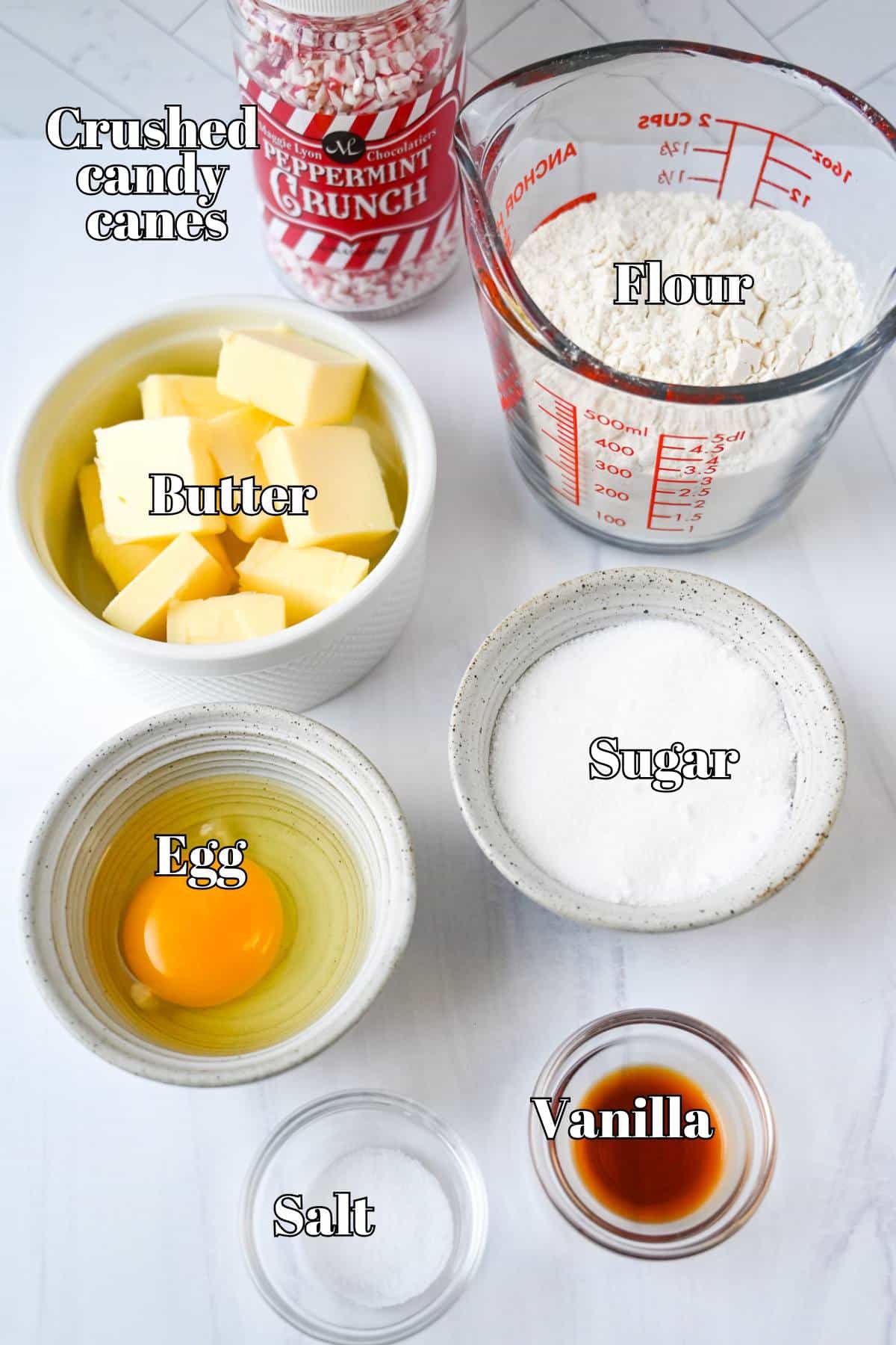 ingredients for christmas peppermint cookies measured out on a counter