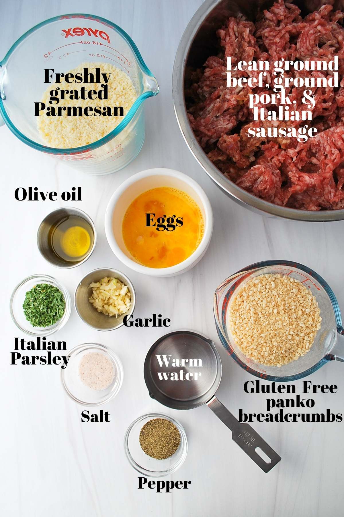 ingredients for gluten free meatballs measured out in bowls