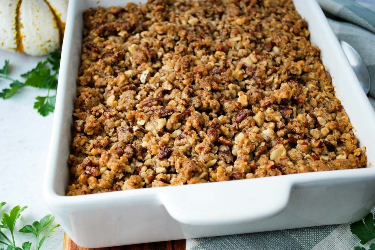 sweet potato casserole fresh from the oven in a white baking dish