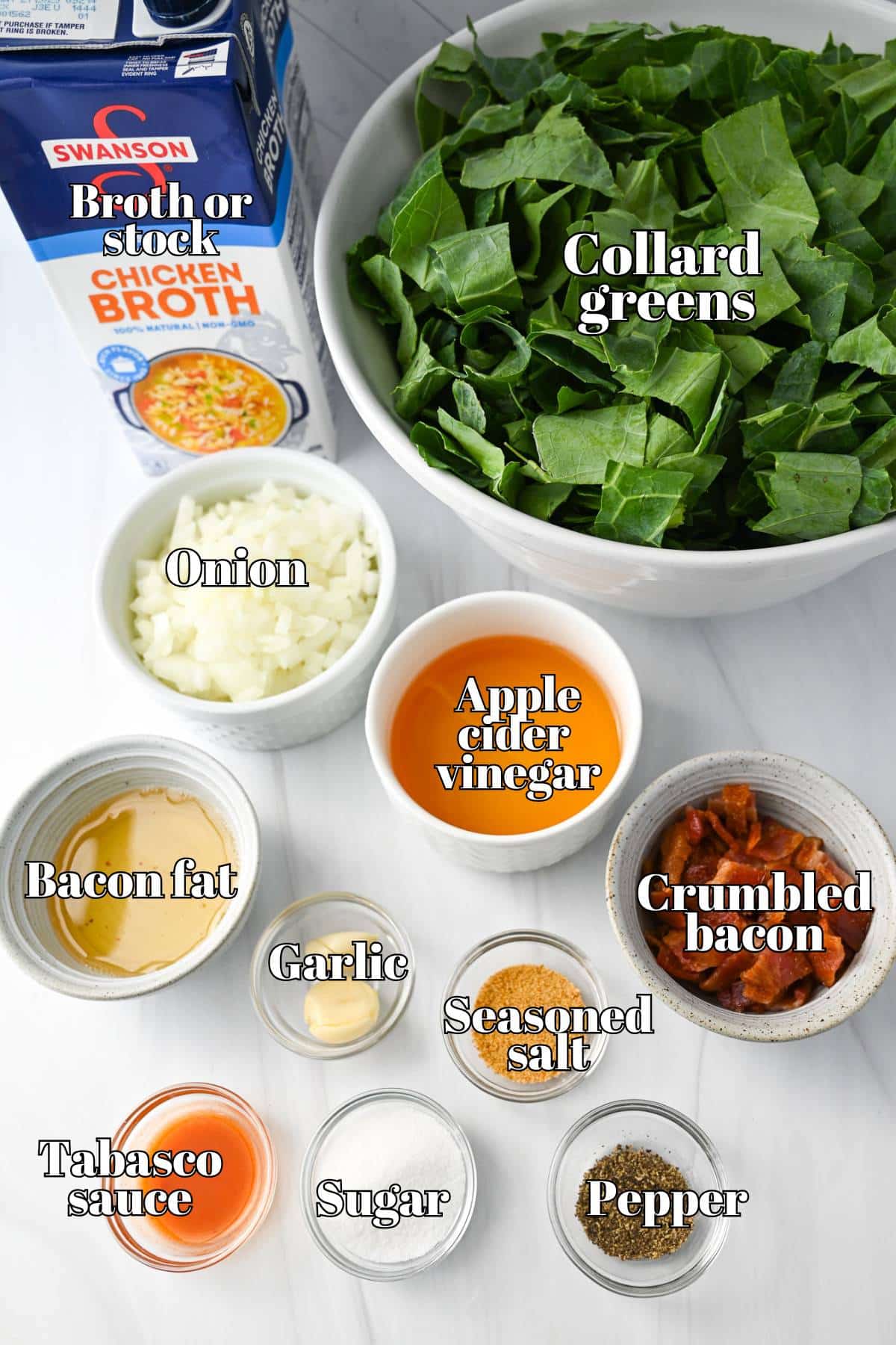 ingredients for southern collard greens measured out on a counter