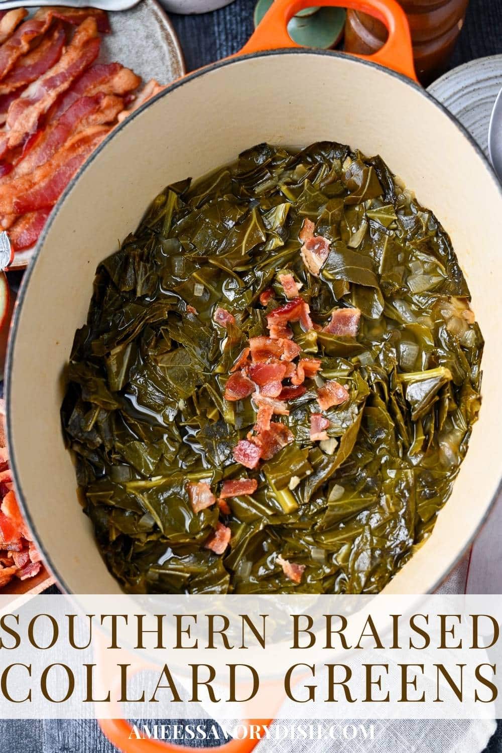 This simple side dish combines fresh collard greens, onions, garlic, bacon fat, and a splash of vinegar for authentic Southern flavor. via @Ameessavorydish